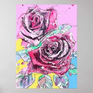 Red Rose Roses Floral Flower Watercolour Poster