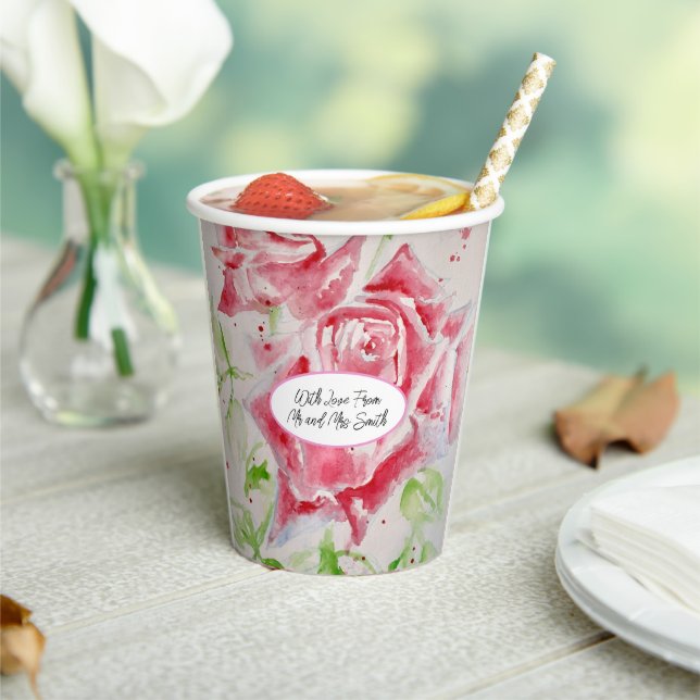 Red Rose Roses Flower Pattern Watercolor Wedding Paper Cups (Insitu)