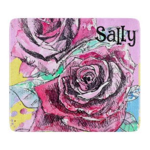 Red Rose Roses Watercolour Floral Flowers Flower Cutting Board