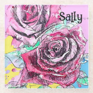 Red Rose Roses Watercolour Floral Flowers Flower Glass Coaster