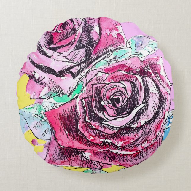 Red Rose Roses Watercolour Floral Flowers Flower Round Cushion (Front)