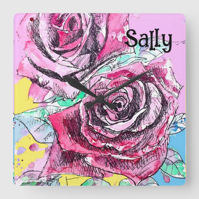 Red Rose Roses Watercolour Floral Flowers Flower Square Wall Clock (Front)