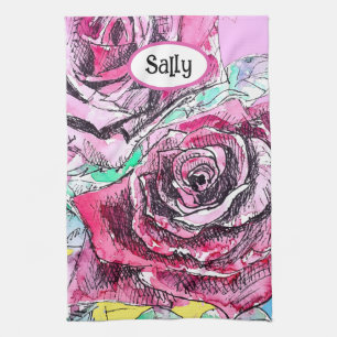 Red Rose Roses Watercolour Floral Flowers Flower Tea Towel