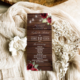Red Rose Rustic Wood Wedding Programs Programme