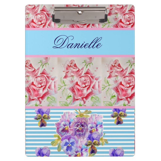 Red Rose Shabby Chic Watercolor Roses Pink Blue Clipboard (Front)