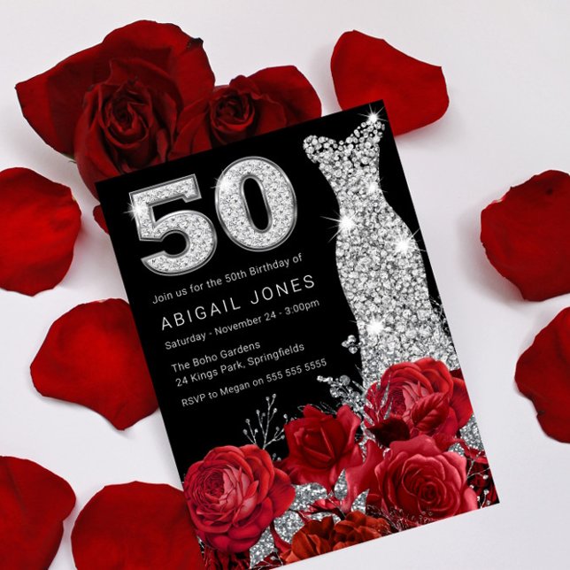 Red Rose Silver Diamond Number Dress 50th Birthday Invitation (Creator Uploaded)