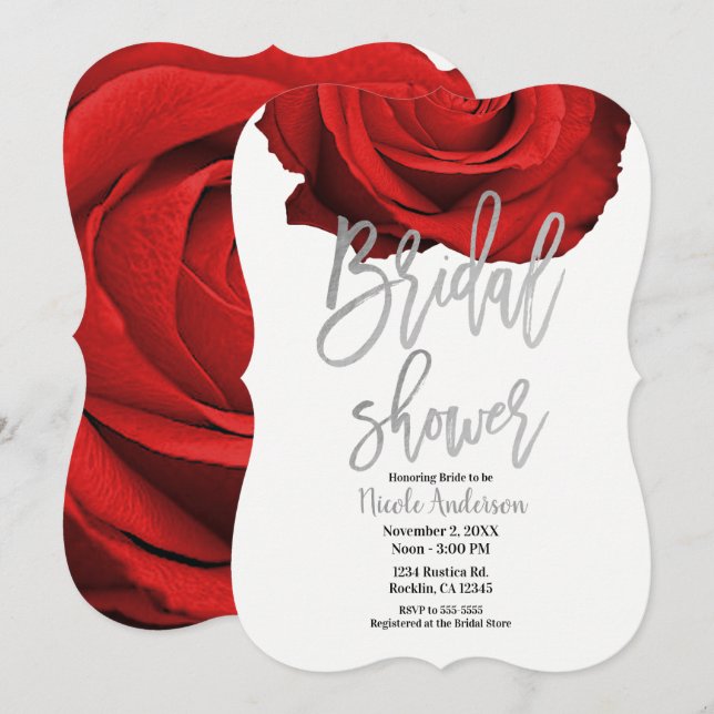 Red Rose Silver Script Modern Trendy Bridal Shower Invitation (Front/Back)
