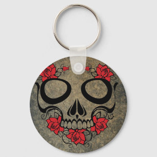 Red Rose Skull Button Keychain