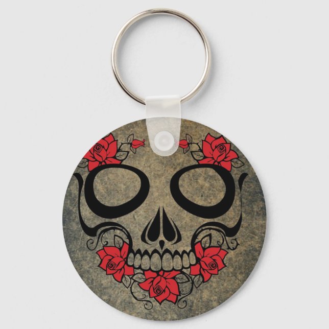 Red Rose Skull Button Keychain (Front)