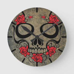 Red Rose Skull Round Clock