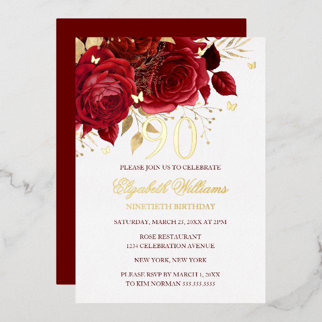 Red Rose Sparkling Butterfly 90th Birthday  (Front/Back)