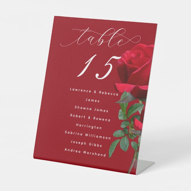 Red Rose Standing Table Seating List of Names Sign (Front)