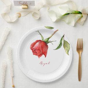 Red Rose Stem Personalised Name Bridal Shower Paper Plate