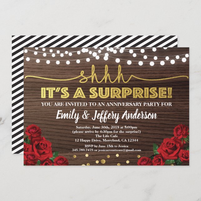 Red rose surprise anniversary party invitation (Front/Back)