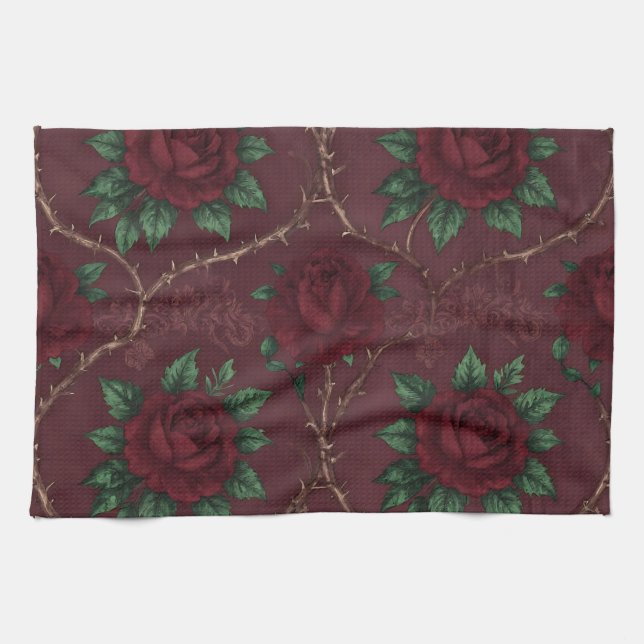 Red Rose Thorn Wreath Pattern Tea Towel (Horizontal)