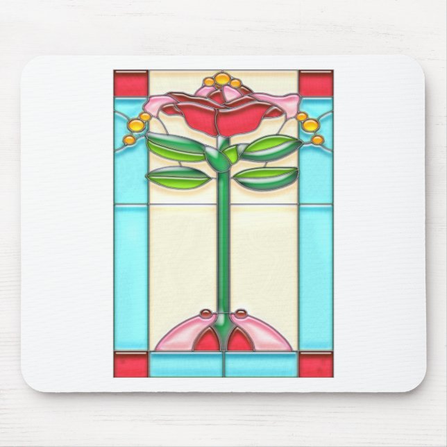 Red Rose Tree Stained Glass in Art Deco Style Mouse Pad (Front)