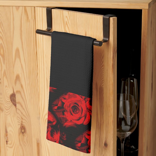 Red Rose Trim on Black Hand or Kitchen Towel (Thirds Fold)
