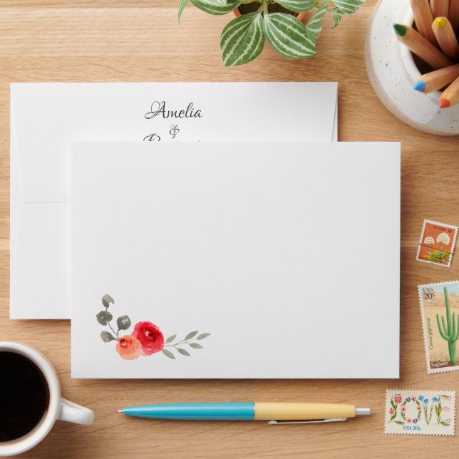 Red Rose Twig Script Save the Date 5×7 Wedding Envelope (Desk)