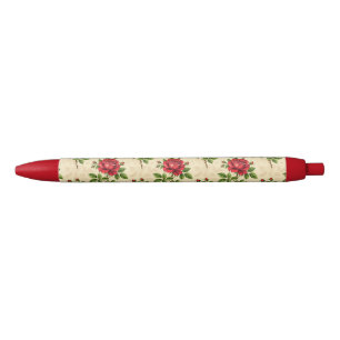 Red rose vintage pattern black ink pen