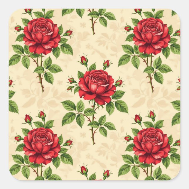 Red rose vintage pattern square sticker (Front)