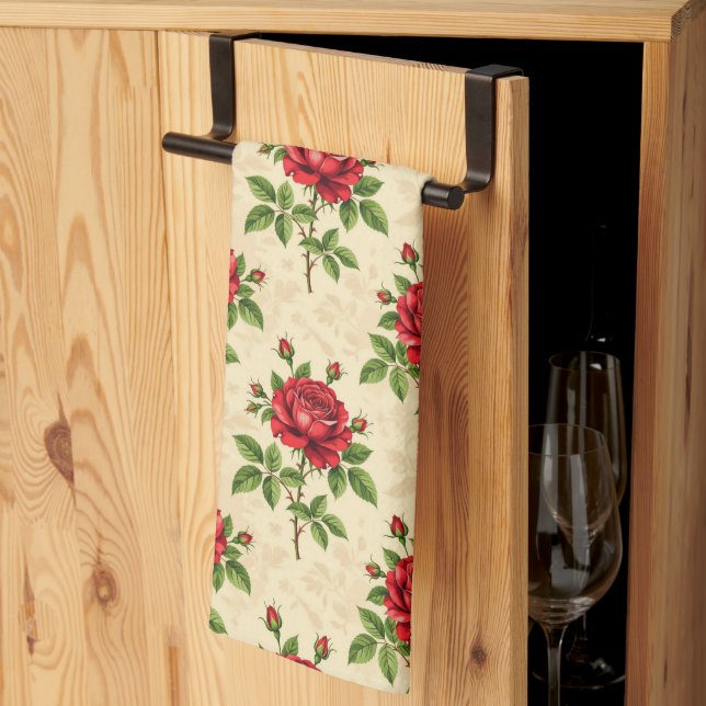 Red rose vintage pattern tea towel (Thirds Fold)