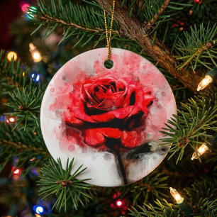 Red Rose Watercolor Art on White Background Ceramic Tree Decoration