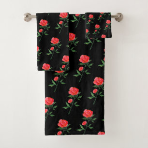 Red Rose Watercolor Black Bath Towel Set