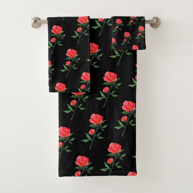 Red Rose Watercolor Black Bath Towel Set (Insitu)