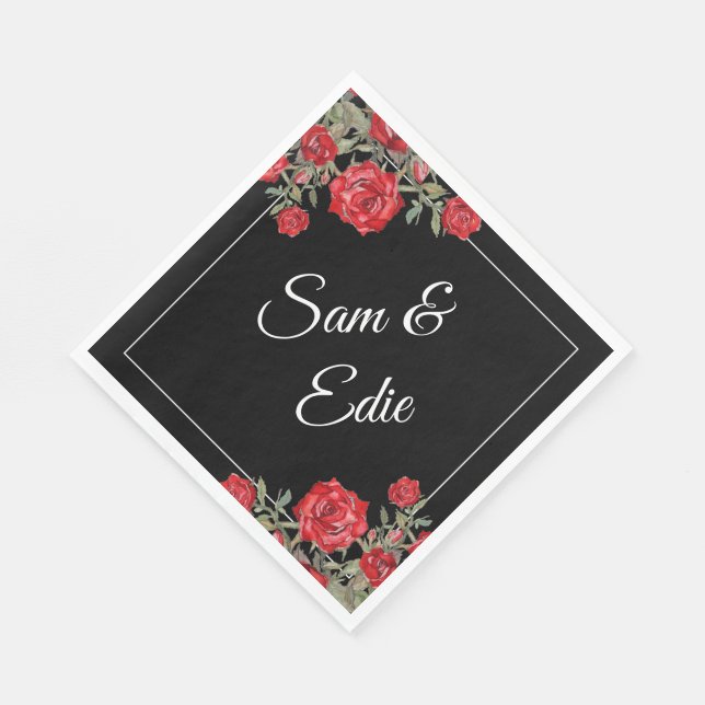 Red Rose Watercolor Floral Wedding Elegant Name Napkin (Corner)