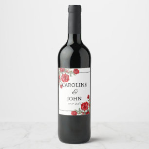 Red Rose Watercolor Floral Wedding  Wine Label