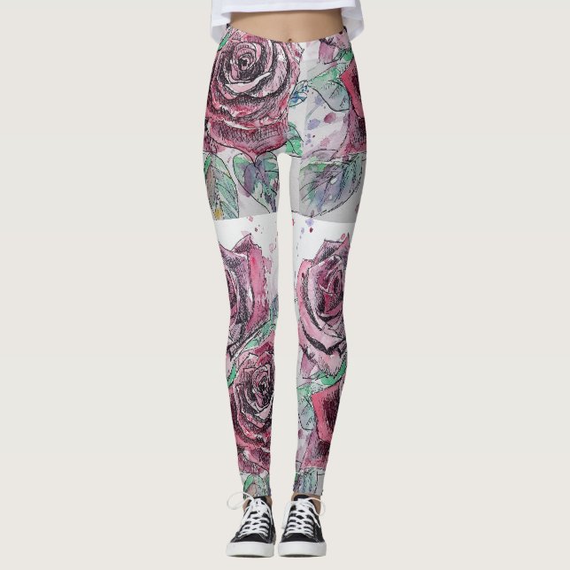 Red Rose Watercolor Flower Red Floral Leggings (Front)