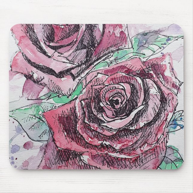 Red Rose Watercolor Flowers Floral Painting Mouse Pad (Front)