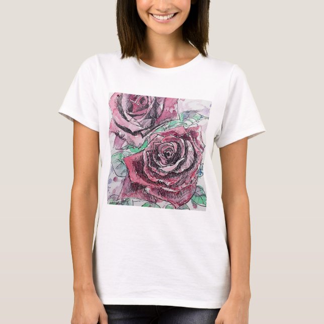 Red Rose Watercolor Flowers Floral Painting T-Shirt (Front)