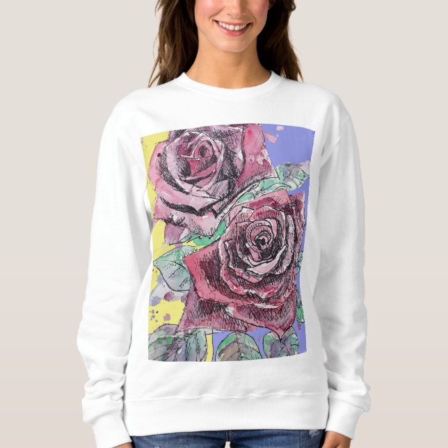 Red Rose Watercolor Flowers Floral Roses Painting Sweatshirt (Front)