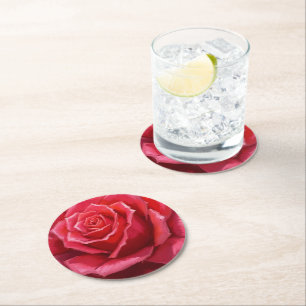 Red Rose Watercolor Formal Floral Wedding Round Paper Coaster