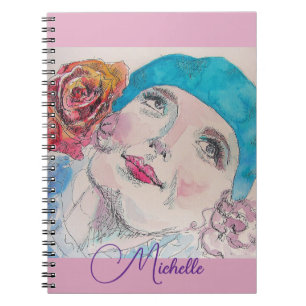 Red Rose Watercolor Girl Lilac Pink Girls Notebook