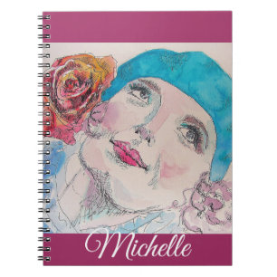 Red Rose Watercolor Girl Plum Pink Girls Notebook