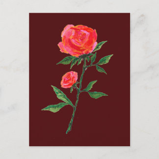 Red Rose Watercolor on Dark Red Postcard