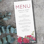 Red Rose Watercolor Wedding Menu<br><div class="desc">Red Rose Wedding Menu with simple modern typography and romantic floral design. The template is set up for you to personalise with your set menu or meal options. Beautiful rich botanical theme with watercolor border of red roses, eucalyptus leaves and greenery. If you would like this design for matching products,...</div>