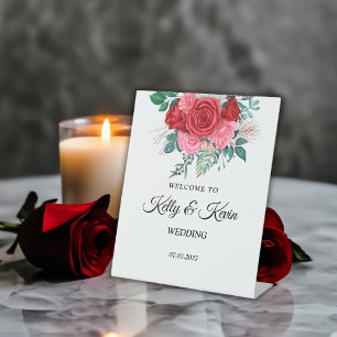 Red Rose Watercolor Wedding Pedestal Sign