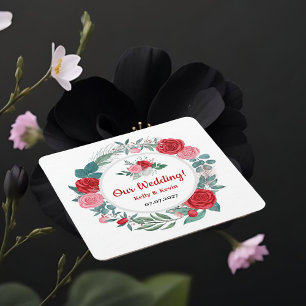 Red Rose Watercolor Wedding Square Paper Coaster