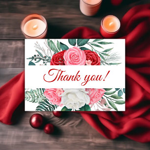Red Rose Watercolor Wedding  Thank You Card