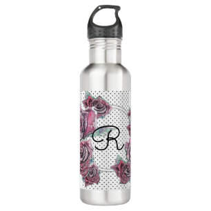 Red Rose Watercolor Womans Initial Water Bottle