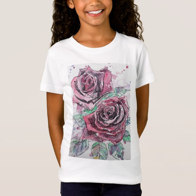 Red Rose watercolour and ink art Girls T Shirt (Front)