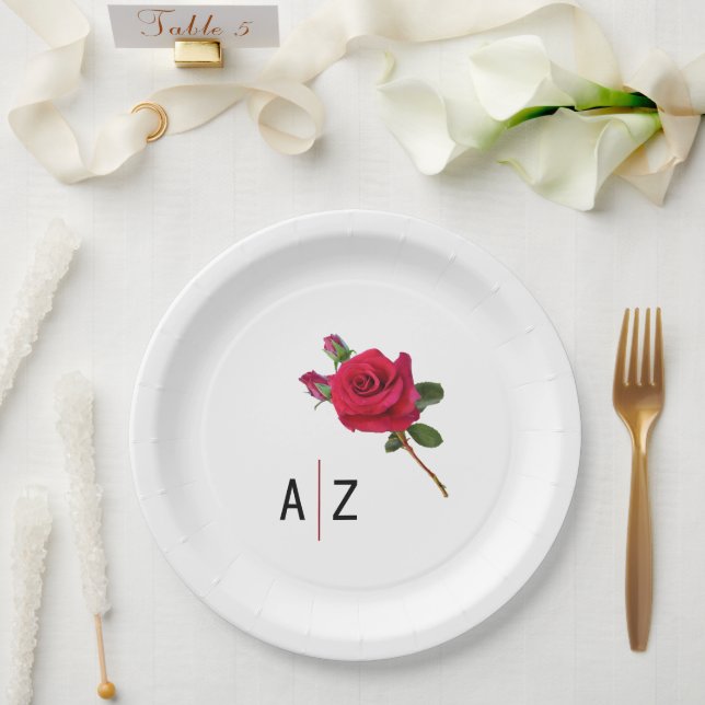 Red Rose Wedding Initials Paper Plates (Wedding)