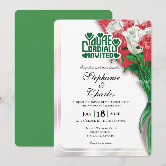 Red Rose Wedding Invitation - Green Lettering 4 (Front/Back)