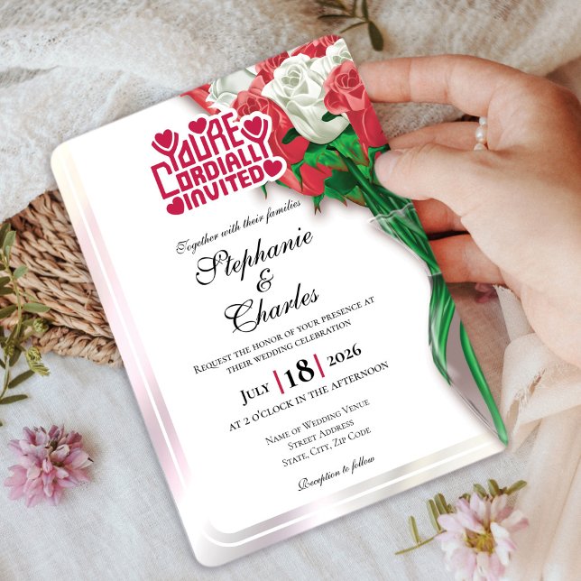 Red Rose Wedding Invitation - Red Lettering 4 (Red and White roses in vase wedding invite design with red heading)