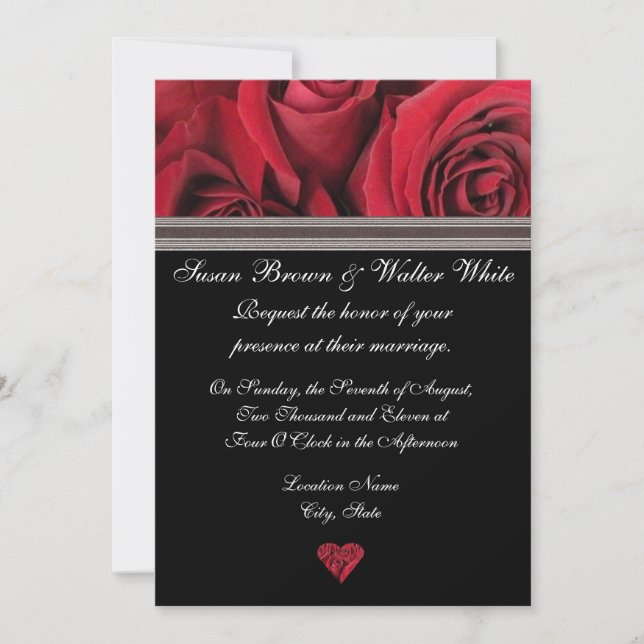 Red Rose Wedding Invitation with Grey Ribbon (Front)