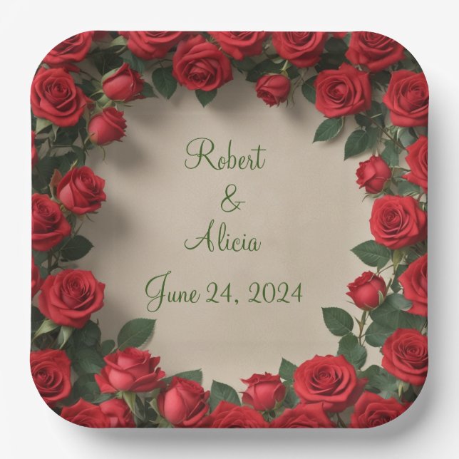 Red Rose Wedding Paper Plate (Front)