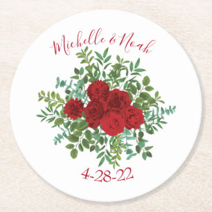 Red Rose Wedding Round Paper Coaster